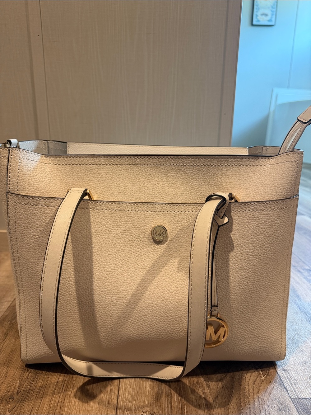 Michael Kors Ivory Pebbled Leather Tote with Gold Accent